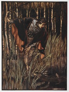 Illustration af en ungdom ved en dam fra The White Snake. af Arthur Rackham