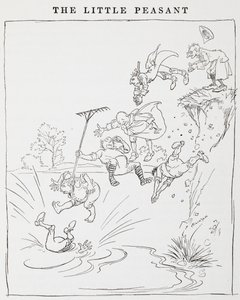 Illustration af mænd, der hopper fra en klippe ned i en dam fra The Little Peasants. af Arthur Rackham
