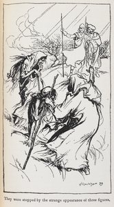 Illustration af de tre hekse, Macbeth og Banquo. af Arthur Rackham