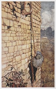 Illustration af heksen, der klatrer op i Rapunzels hår. af Arthur Rackham