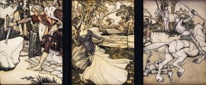 Illustrationer til Morte d"Arthur: Sir Galahad trækker Balins sværd fra den flydende sten; La Cole Male Taile slår løven ihjel, der truede dronning Guenevere; og Beaumains besejrer den grønne ridder, 1902 af Arthur Rackham