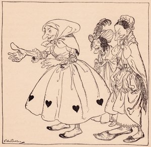 Ind kom de tre kvinder, der var klædt på den mest frække mode. Illustration af Arthur Rackham fra Grimm