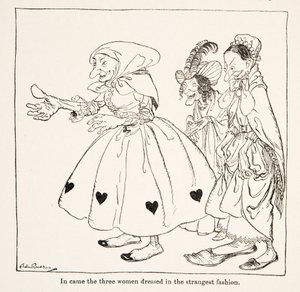 Ind kom de tre kvinder klædt på den mærkeligste måde, fra Little Brother & Little Sister and Other Tales af brødrene Grimm, pub.1917 (litho) af Arthur Rackham