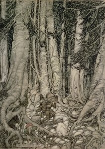 In the Forest with a Barrel fra Rip Van Winkle skrevet af Washington Irving (1783-1859), 1905 af Arthur Rackham