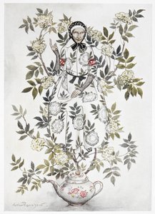 Midt i et træ sad en venligt udseende kvinde«. En stor plante, der vokser ud af en tekande. En gammel kvinde blandt grenene. En farveillustration til 