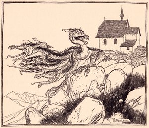 Det varede ikke længe, før den syvhovedede drage kom, højlydt brølende. Illustration af Arthur Rackham fra Grimm