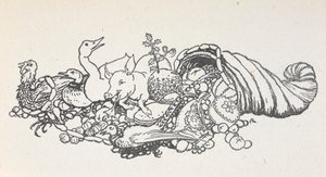 Genstande fra et julegilde, der vælter ud fra en hornform. Varerne inkluderer en julebudding, pølser, en kalkun, en gris, en and, en fasan, en tærte og frugter. af Arthur Rackham