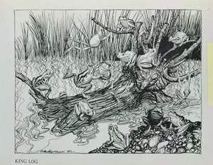 Kong Log, illustration fra "Æsops fabler", udgivet af Heinemann, 1912