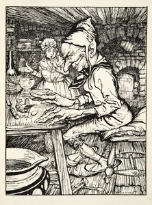 Læg!", brølede kæmpen, og straks lagde hønen et æg af massivt guld, fra The Arthur Rackham Fairy Book, pub. 1933 af Arthur Rackham