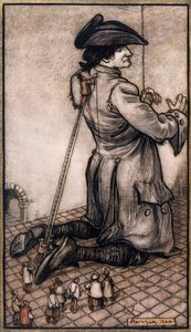 Lilliputske skræddere måler Gulliver for at lave ham et nyt jakkesæt, illustration af Arthur Rackham (1867-1939) fra Gulliver