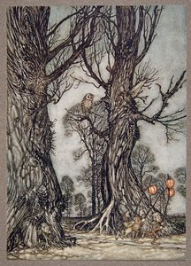 Linkmænd, der løber foran med vinterkirsebær, fra Peter Pan i Kensington Gardens af J M Barrie (1860 - 1937), pub. 1906 af Arthur Rackham