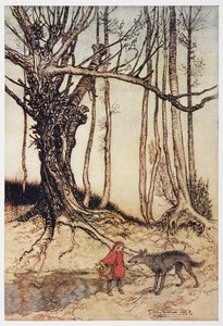 Rødhætte og ulven i skoven. af Arthur Rackham