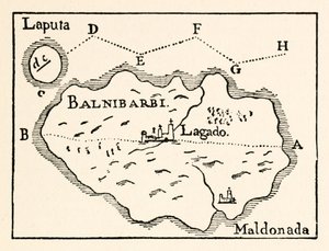 Kort over Laputa (flyvende ø øverst til højre) og Balnibarbi (hovedhavn Maldonado) fra del III: A Voyage to Laputa, Balnibarbi, Luggnagg, Glubbdubdrib og Japan i Gullivers Travels af Jonathan Swift