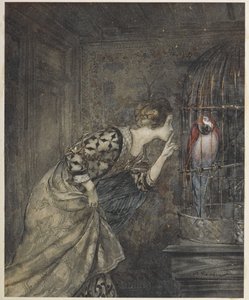 May Colvin og en papegøje i et bur. af Arthur Rackham