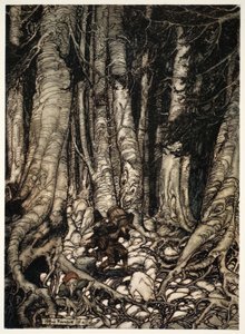 Gensidigt afløste hinanden klatrede de op i en smal kløft., fra Rip Van Winkle af Washington Irving, pub. 1910 af Arthur Rackham