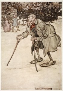 Gammel mand med to pinde, fra Rip Van Winkle af Washington Irving, pub. 1910 af Arthur Rackham