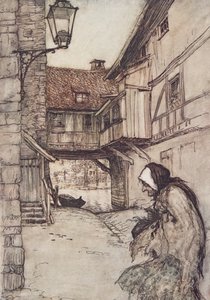 Engang var der en fattig gammel kvinde, der boede i en landsby, fra The Fairy Tales of the Brothers Grimm, pub. 1909 af Arthur Rackham