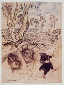 Løg-sauce! Løg-sauce! bemærkede han hånende og var væk, før de kunne komme i tanke om et svar, fra Wind in the Willows af Kenneth Grahame (1859 - 1932), pub. 1940 af Arthur Rackham