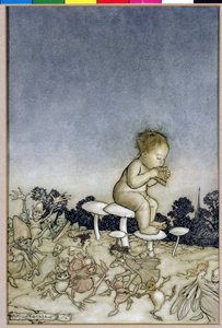 Peter Pan er Fairies Orchestra, illustration fra Peter Pan i Kensington Gardens, af J.M. Barrie, 1806 (pen og blæk & wc på papir) af Arthur Rackham