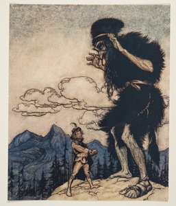 Han trak stykket blød ost op af lommen og klemte det, indtil fugten løb ud ..fra The Fairy Tales of the Brothers Grimm, pub. 1909 af Arthur Rackham