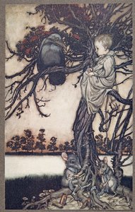 Læg hans mærkelige sag foran Old Solomon Caw, fra Peter Pan i Kensington Gardens af J M Barrie (1860 - 1937), pub. 1906 af Arthur Rackham