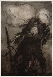 Rip vågner op. Jeg har vel ikke sovet her hele natten?Åh, den flaske! Den onde flaske! Hvilken undskyldning skal jeg give Dame Van Winkle? fra Rip Van Winkle af Washington Irving, pub. 1910 af Arthur Rackham