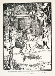 Rundt om bålet sprang en ubeskriveligt latterlig lille mand, hoppede på et ben og sang, fra The Fairy Tales of the Brothers Grimm, pub. 1909