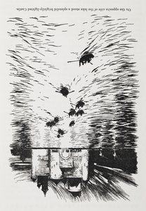 Robåde på en flod nærmer sig et slot om natten. af Arthur Rackham