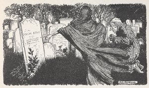 Joakim og et spøgelse på en kirkegård om natten. af Arthur Rackham
