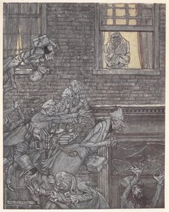 Joakim ved sit vindue og ser spøgelser på gaden nedenfor af Arthur Rackham