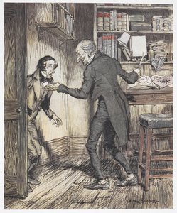 Joakim skriver på sit kontor, da en anden mand kommer ind af Arthur Rackham