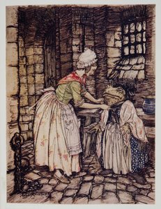 Hun ordnede sjalet med en progressiv foldning og bandt snorene til den rustne hue under hans hage, fra Wind in the Willows af Kenneth Grahame (1859 - 1932), pub. 1940 af Arthur Rackham