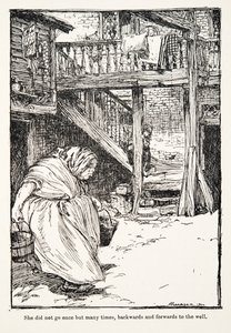Hun gik ikke én gang, men mange gange, frem og tilbage til brønden, fra Brødrene Grimms eventyr, pub. 1909 af Arthur Rackham
