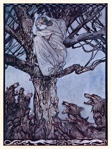 Hun så med vred ve på den anstrengende og snerrende horde nedenfor. fra The Wooing of Becfola in Irish Fairy Tales af Arthur Rackham