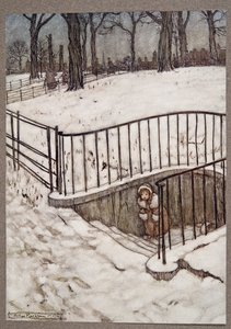Hun løb godt til St Govers og gemte sig .. , fra Peter Pan i Kensington Gardens af J M Barrie (1860 - 1937), pub. 1906 af Arthur Rackham