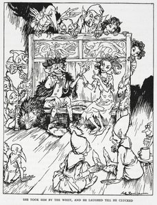 "Hun tog ham i håndleddet, og han lo, indtil han klukkede". Elfinpiger og nisser. Illustration til 