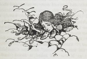 Krympet Alice efter at have spist noget af larvens svampe af Arthur Rackham