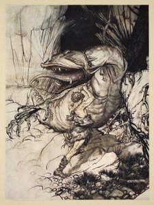 Siegfried dræber Fafner, illustration fra 