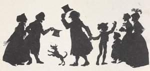 Silhuet af en ung dreng og en mand, der hilser på folk på vej hjem fra kirke. af Arthur Rackham