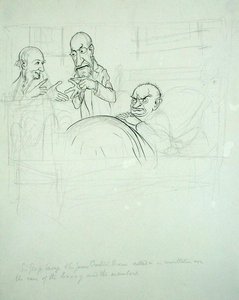Sir George Savage og Sir James Crichton Browne (1840-1937) indkaldte i samråd om sagen om BXXXY og medlemmerne (pen og blæk og blyant på papir) af Arthur Rackham