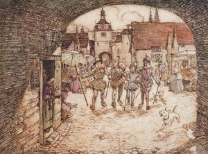 Så tog de fire brødre deres stokke i hånden, sagde farvel til deres far og gik ud af byporten, fra The Fairy Tales of the Brothers Grimm, pub. 1909 af Arthur Rackham