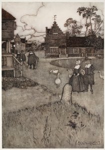 Nogle af de oprindelige bosætteres huse., fra Rip Van Winkle af Washington Irving, pub. 1910 af Arthur Rackham