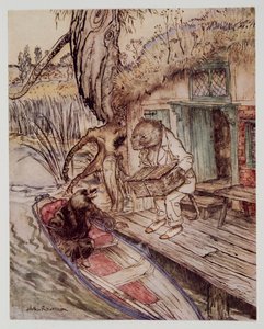 Sove that under your feet, sagde han til Mole, da han gik ned i båden, fra Wind in the Willows af Kenneth Grahame (1859 - 1932), pub. 1940 af Arthur Rackham