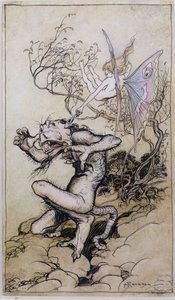 Sprite and Monster, en illustration fra Tales from Shakespeare af Charles (1775-1834) og Mary Lamb (1764-1847) 1909 (pen og blæk, wc) af Arthur Rackham