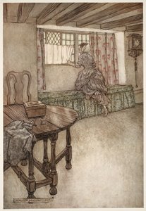 Mærkelige navne var over dørene - mærkelige ansigter ved vinduerne - alt var mærkeligt., fra Rip Van Winkle af Washington Irving, pub. 1910 af Arthur Rackham