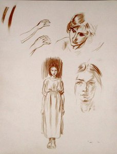 Studier af en kvinde, af ansigter og af hænder (sangvinsk på papir) af Arthur Rackham
