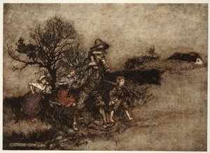 Omgivet af en flok børn., fra Rip Van Winkle af Washington Irving, pub. 1910 af Arthur Rackham