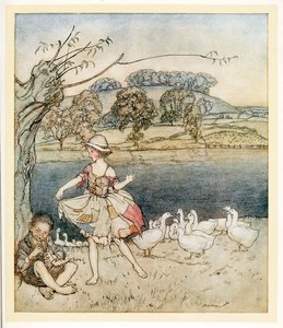 Tattercoats danser, mens gåsehyrden piber, fra engelske Fairy Tales, pub. 1922. af Arthur Rackham