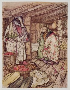 Badgers vinterbutikker, som faktisk var synlige overalt, optog halvdelen af lokalet, fra Wind in the Willows af Kenneth Grahame (1859 - 1932), pub. 1940 af Arthur Rackham