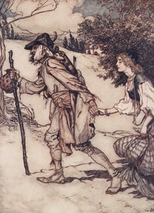 Tiggeren tog hende i hånden og førte hende væk fra The Fairy Tales of the Brothers Grimm, pub. 1909 af Arthur Rackham